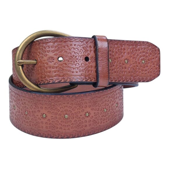 Fossil Boho Embossed Leather Belt Brass Buckle Brown Fits Waist 31-35" 1.75" - Picture 5 of 12